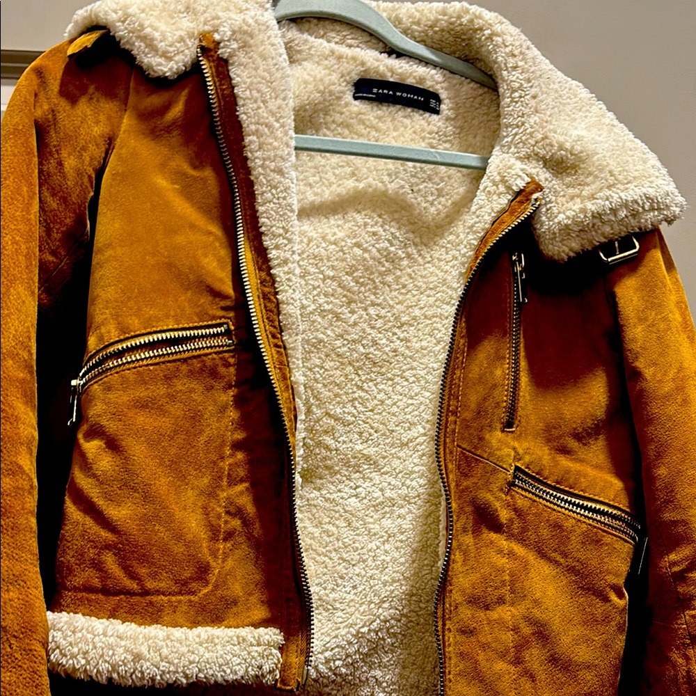 Zara Tan Shearling Bomber Jacket aviator jacket